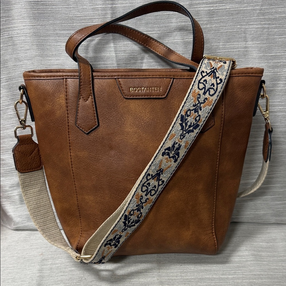 Brown Vegan Leather Tote with Embroidered Strap